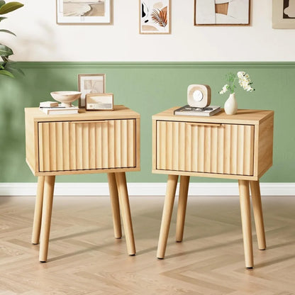 Night Stand with Charging Station & Led Light, 19" W Fluted Nightstand Round Edge, Wood Nightstand Mid Century Modern End Table,