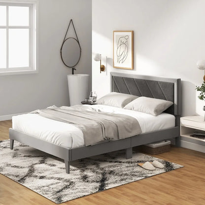 Queen Platform Bed Frame Velvet Upholstered w/ High Headboard & Wooden Slats