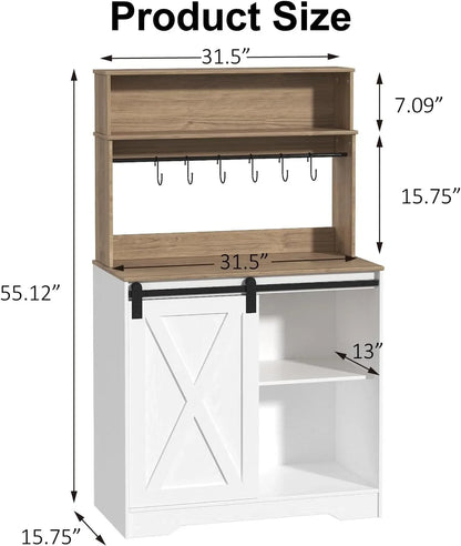 Coffee Bar Cabinet with LED Light, 55 Inch Bakers Rack with Storage, Large White Coffee Bar Hutch with 6 Hook, Kitchen