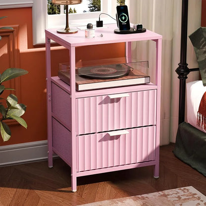 Night Stand with Charging Station & Led Light, 19" W Fluted Nightstand Round Edge, Wood Nightstand Mid Century Modern End Table,
