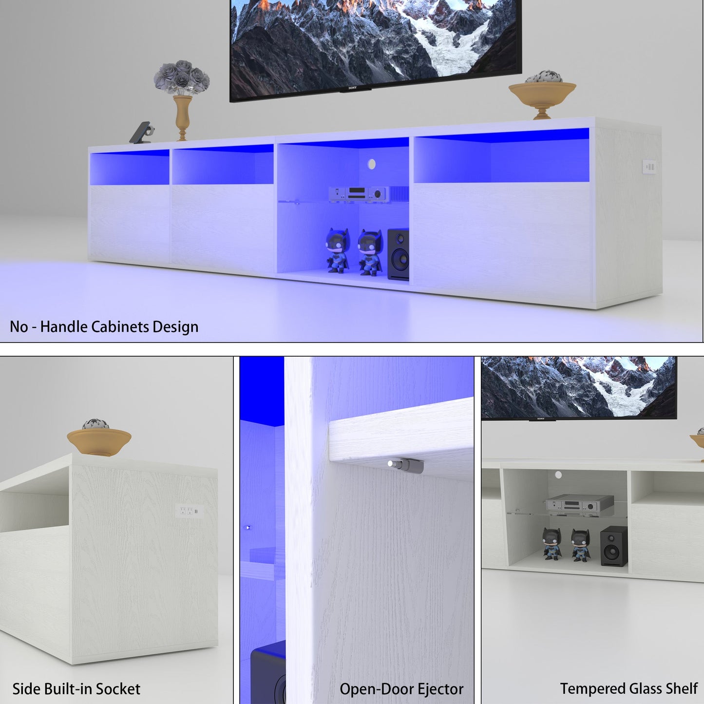 TV console with storage cabinet, 82.6-inch long LED TV stand with 31 mode switching lights (white, suitable for 75/80 inch TVs)