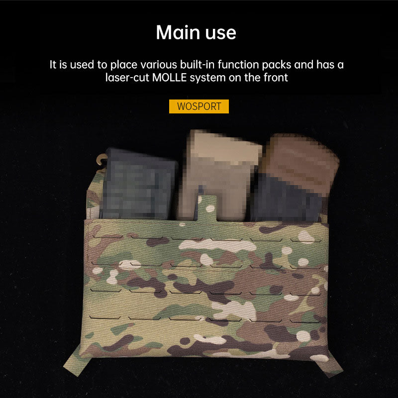 WoSporT can accommodate three 5.56 (or two 7.62) inner pockets with built-in function cover camouflage front panel