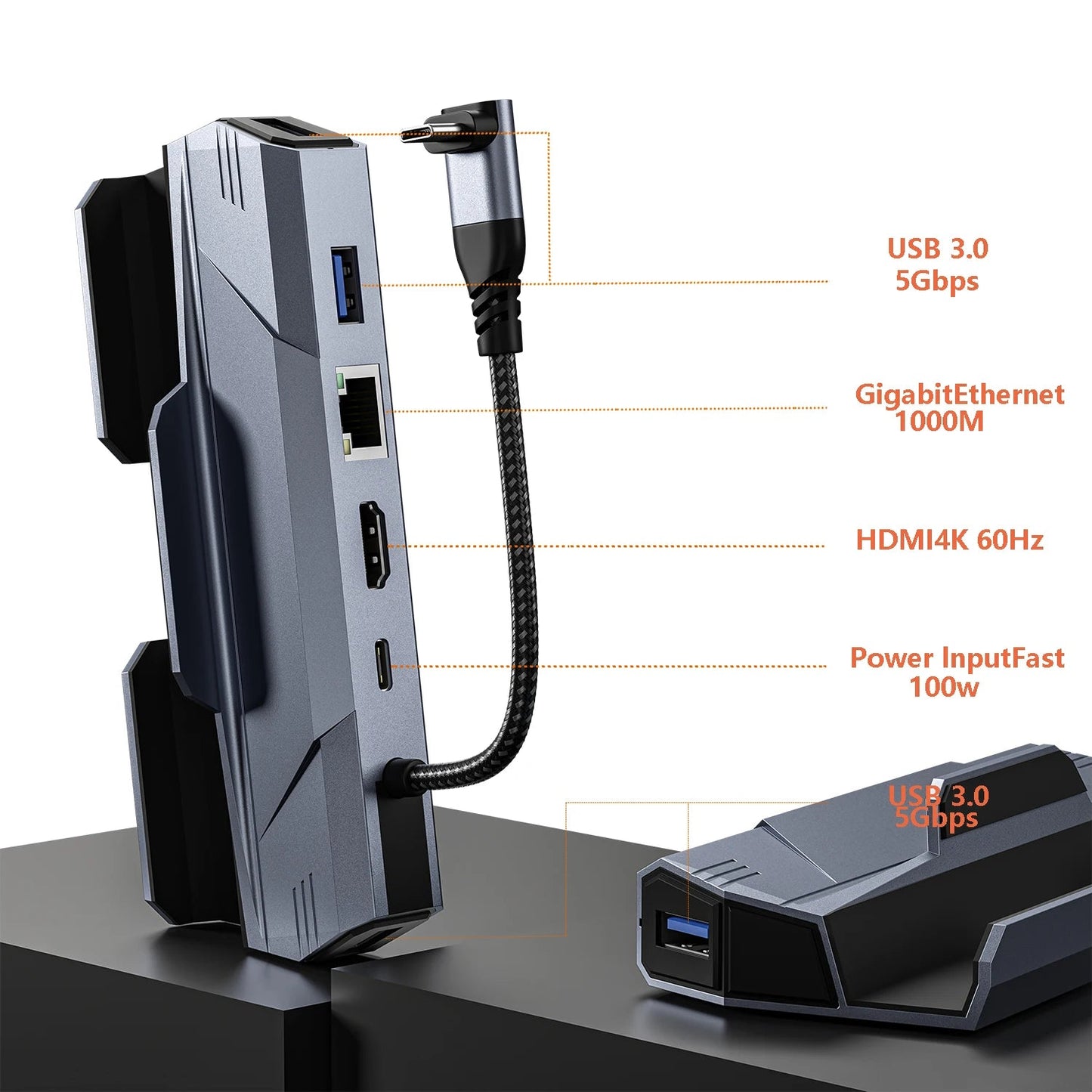 Steam Deck Dock 6 in 1 Steam Deck Rog Ally Docking Station Stand Accessories 3*USB 3.0 HDMI 4K@60Hz Gigabit Ethernet PD 100W Hub
