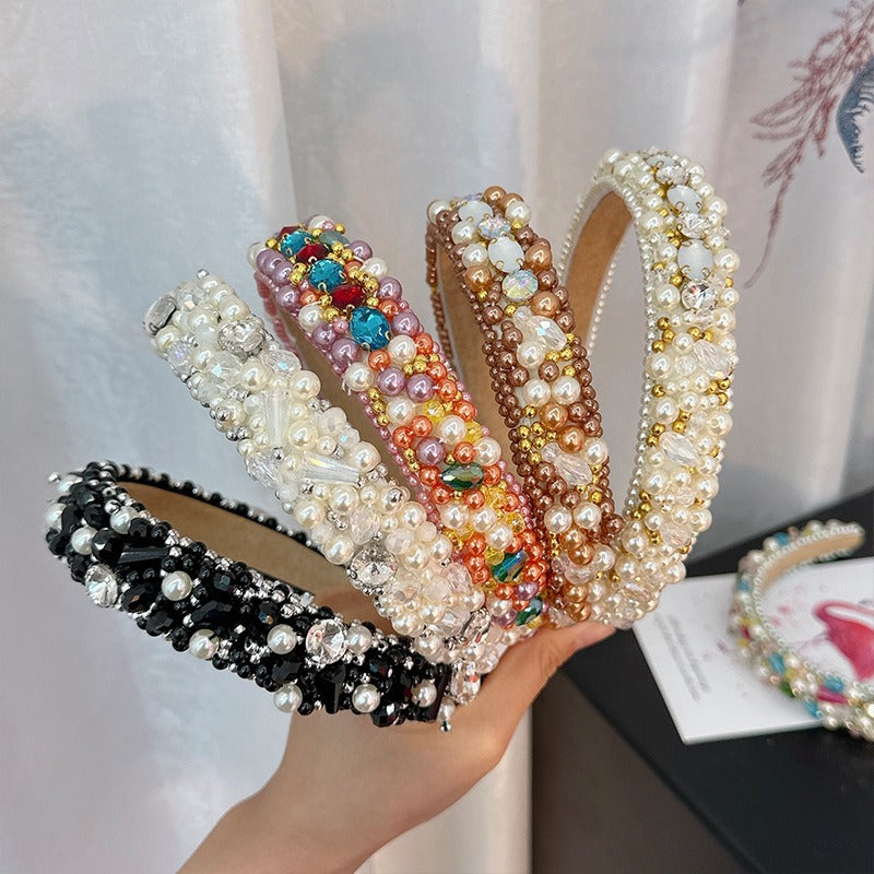 New handmade beaded crystal pearl retro exaggerated internet celebrity hot selling thin edge hair accessories