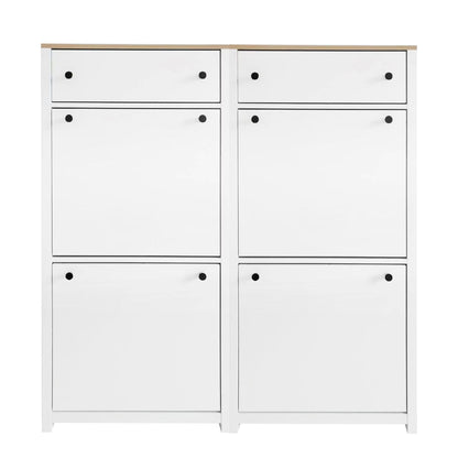 ONTREND ultra-thin shoe cabinet set with 4 flip drawers and adjustable panel top shoe rack, white