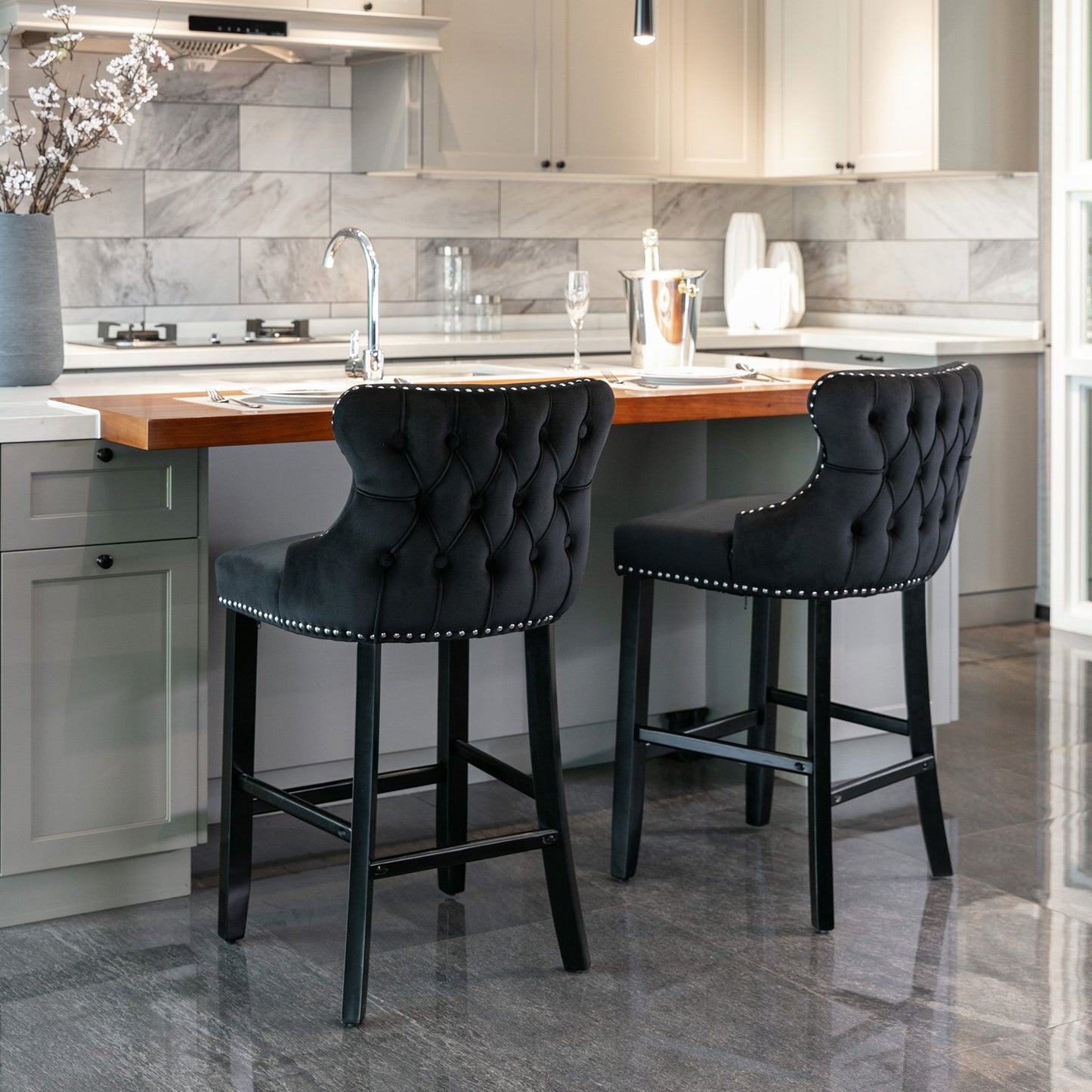 Velvet padded wing back bar stool with button cluster decoration and wooden leg chrome nail head decoration 2-piece set (black)