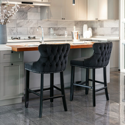 Velvet padded wing back bar stool with button cluster decoration and wooden leg chrome nail head decoration 2-piece set (black)
