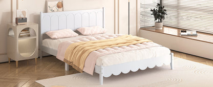 Queen Size Wood Platform Bed Frame, Retro Style Bed with Rectangular Headboard,No Need Box Spring,White
