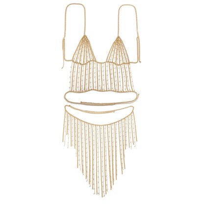 Fashionable electroplated metal aluminum chain geometric set clothing with simple tassel imitation pearl waist chain