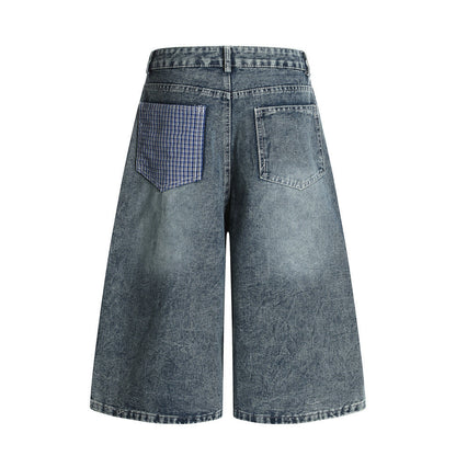 Punk Washed Distressed Denim Shorts Men's Summer Plaid Belted Contrast Pocket Loose Wide-Leg Three-Quarter Pants