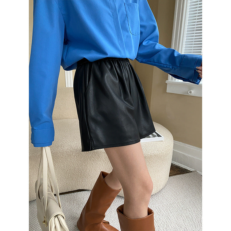 Loose A-line wide leg elastic short leather pants