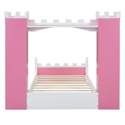 Castle-Shaped Wooden Bed with Storage Shelf, Dreamy Twin Size Platform Bed for Kids Bedroom, Pink+ White