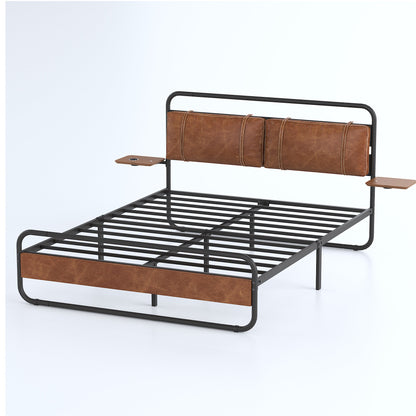 King Size Metal Bed Frame with Upholstered Headboard, with wireless charging and USB A & USB C, Touch LED light Vintage Brown