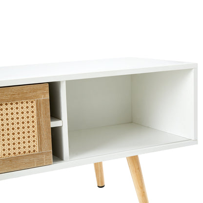 55.12" Rattan TV cabinet double sliding doors for storage adjustable shelf solid wood legs TV console for living room  White