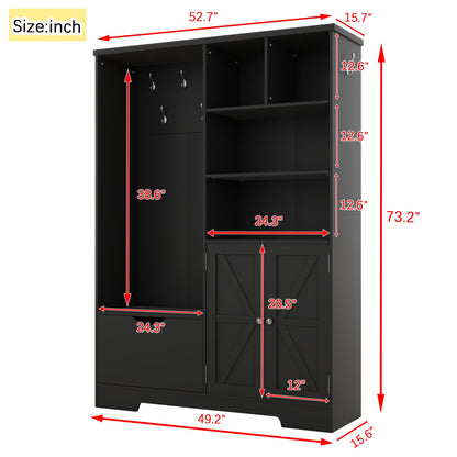 Multi-functional Hall Tree with Storage Shelves Drawers and Cabinet, Elegant Hallway Shoe Cabinet with Bench Modern Black