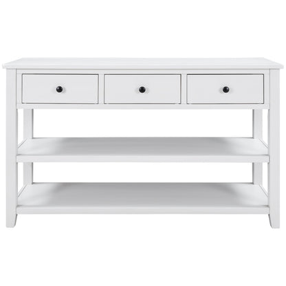 Retro Design Console Table with Two Open Shelves, Pine Solid Wood Frame and Legs for Living Room (Antique White)