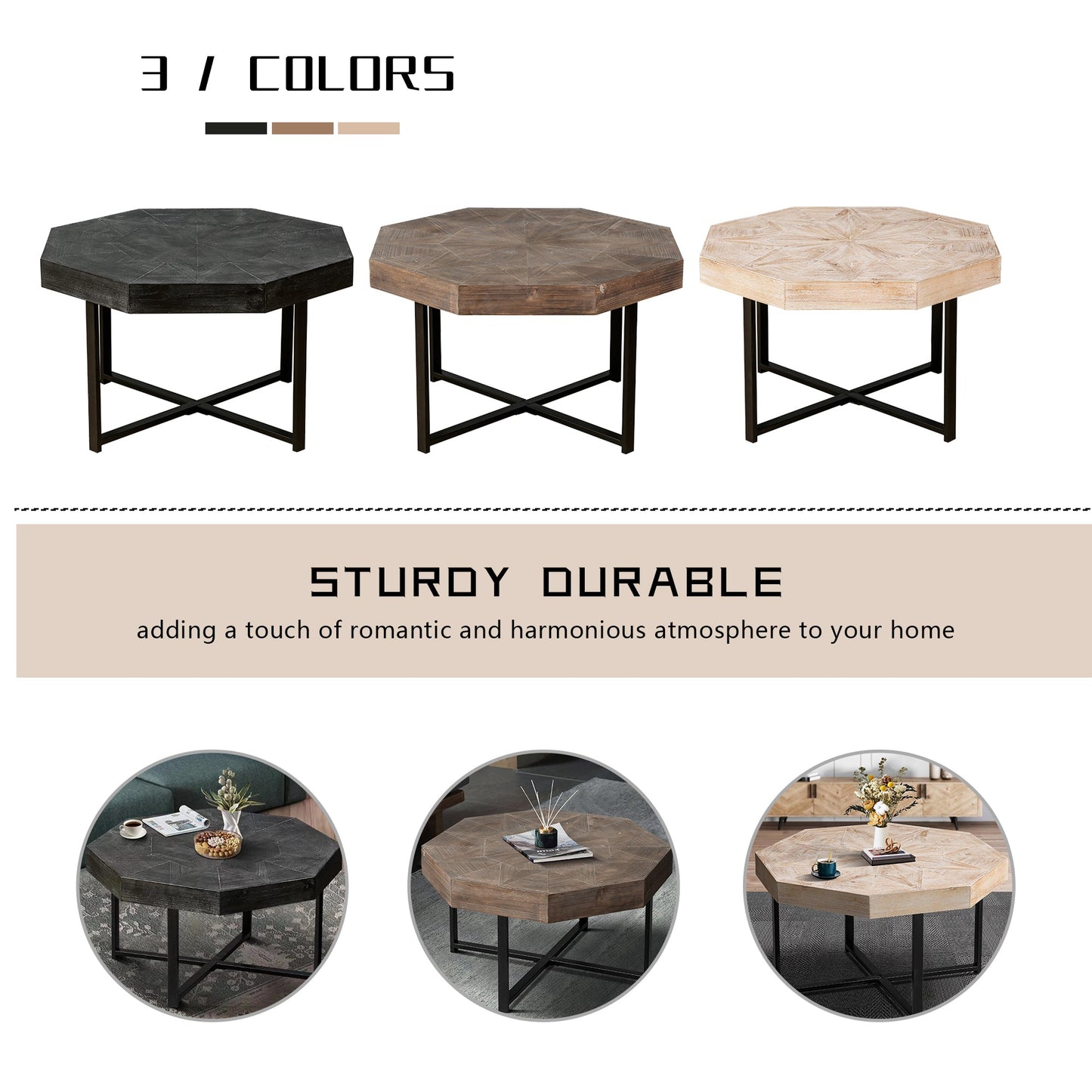 Wooden octagonal retro patchwork craft 30 inch wooden tabletop cross metal leg coffee table (Antique Black)