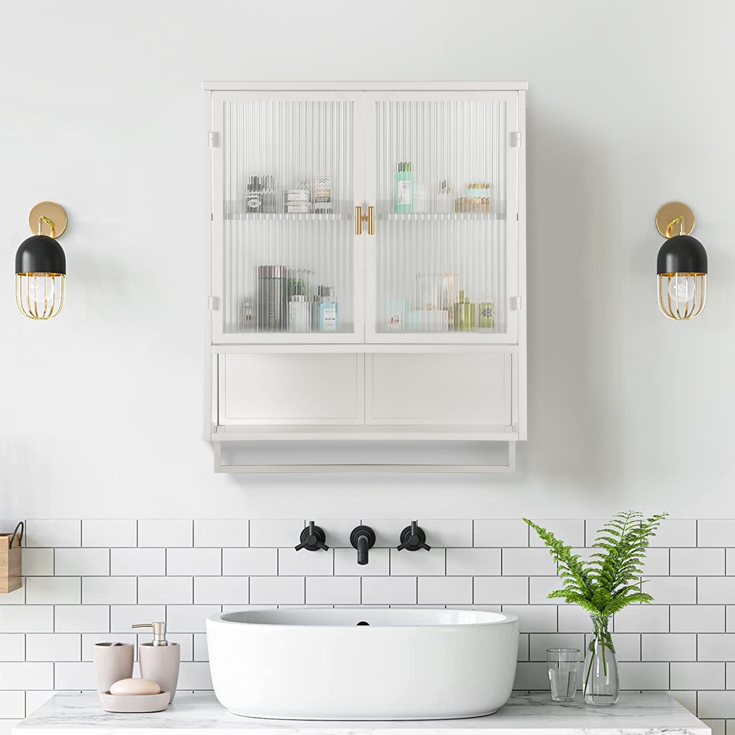 23.62"Glass Doors Modern Two-door Wall Cabinet with Featuring Two-tier Enclosed Storage an Open Shelf and Towel Rack