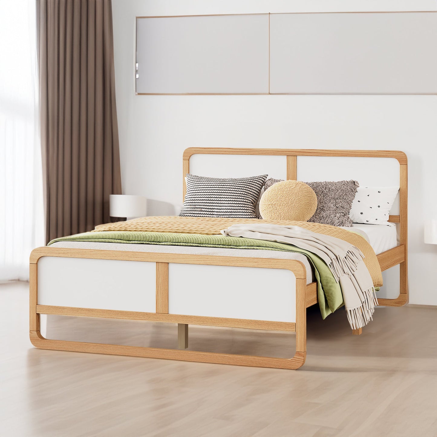 Modern Style Queen Size Solid Wood Platform Bed for Kids, Teens, Adults, No Need Box Spring, Walnut and White