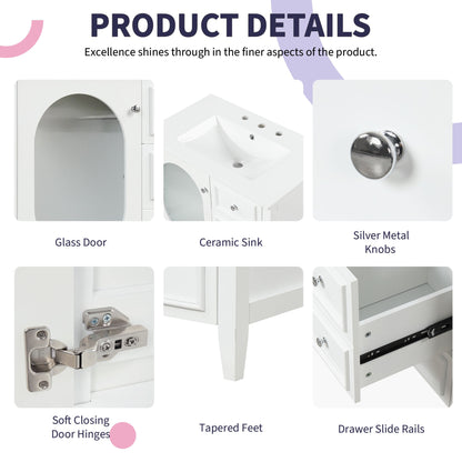 30" Bathroom Vanity with Sink, Bathroom Vanity Cabinet with Three Drawers and Door, Solid Wood and MDF, White