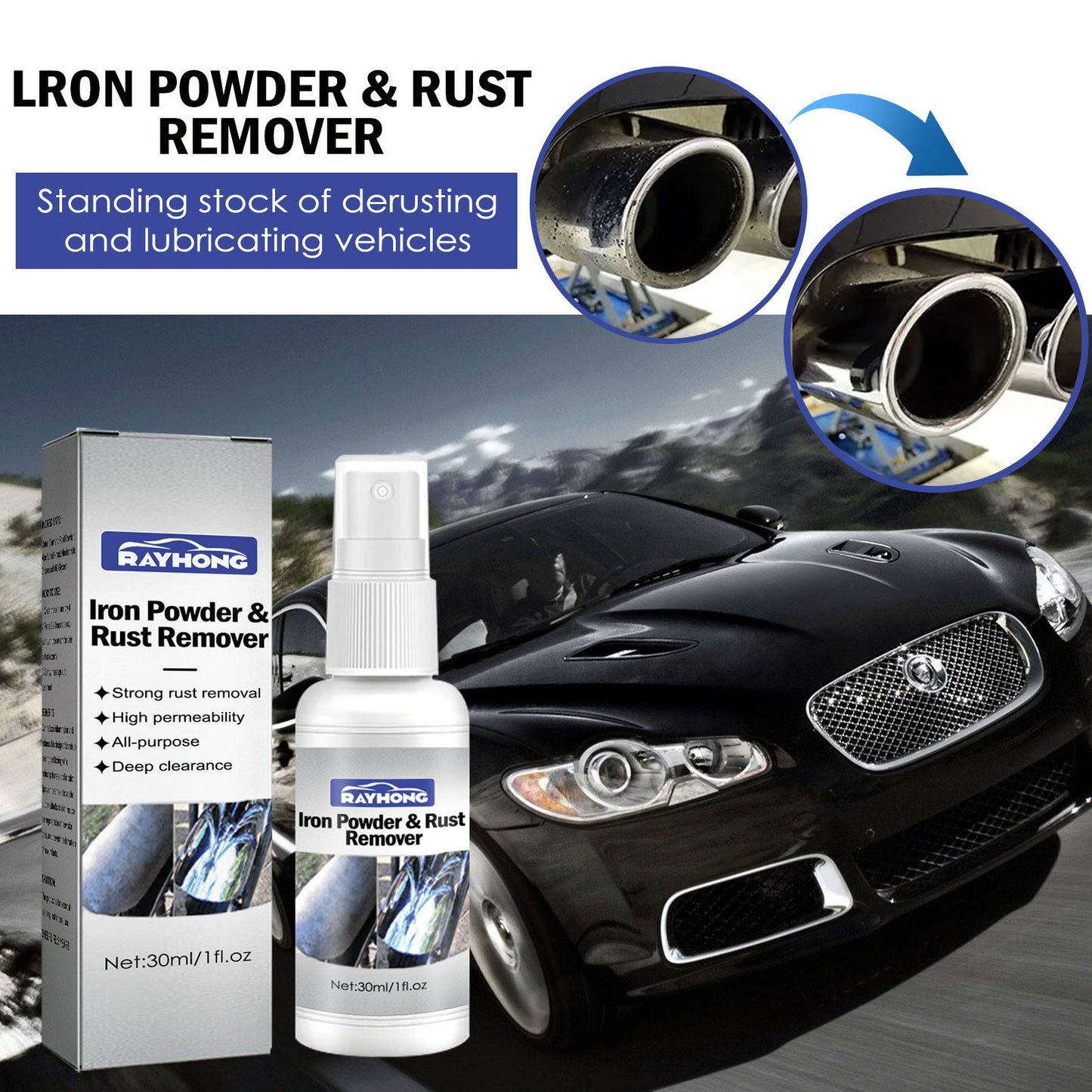 Lron Powder & Rust Remover, Multi-Functional Metal Rust Remover For Automobile And Motorcycle Exhaust Pipe Rust Renovation Maintenance