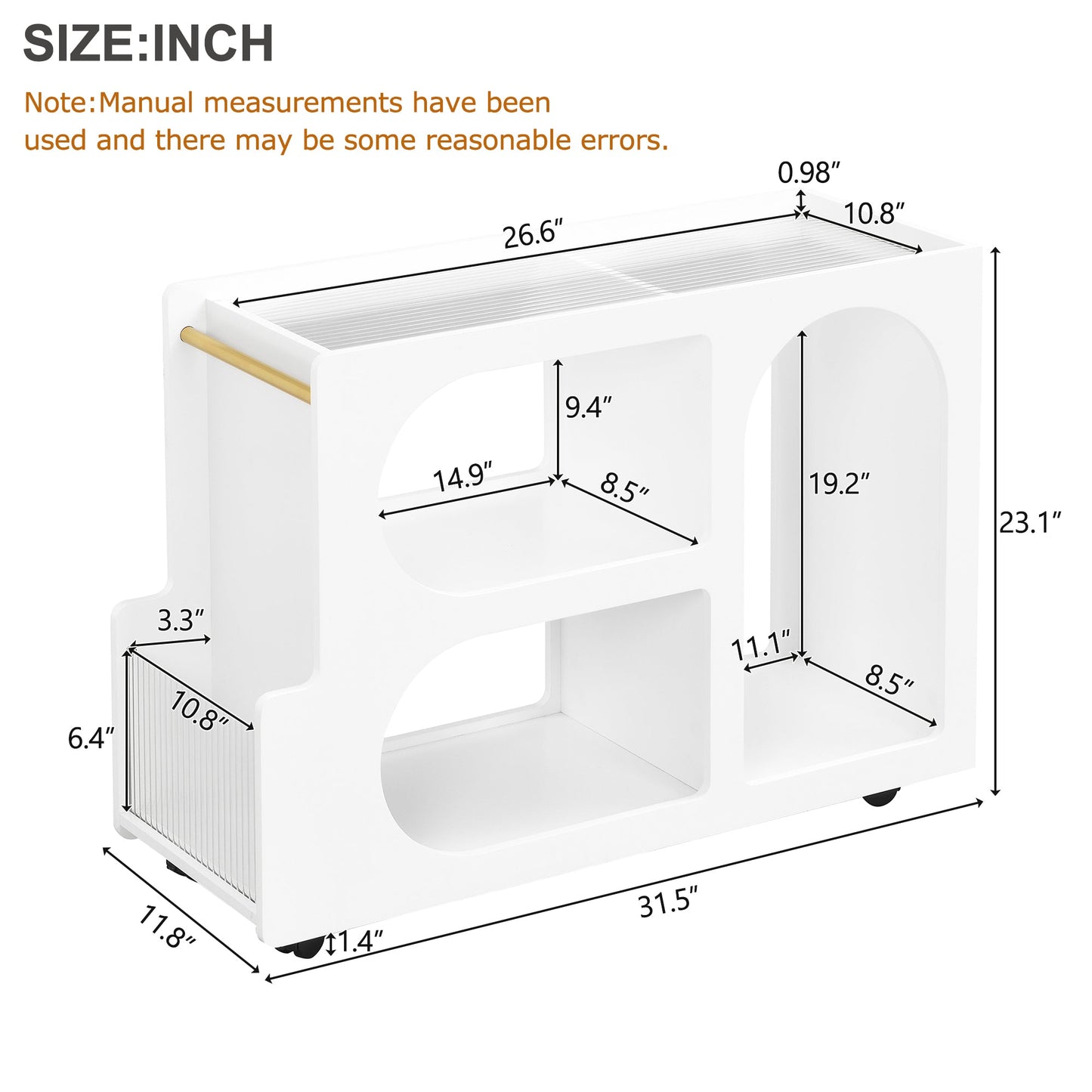 Stylish mobile desk with lockable wheels, white bedside table with 5mm thick grooved tempered glass and gold round bars