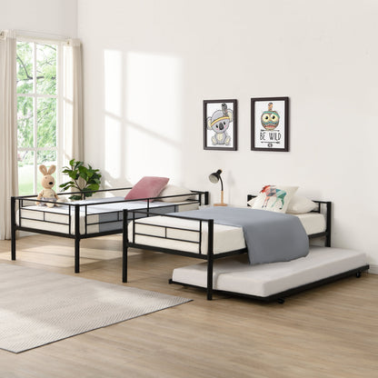 Twin bunk bed frame with trailer, metal bunk bed with sturdy guardrail and side ladder, can be divided into two beds, black