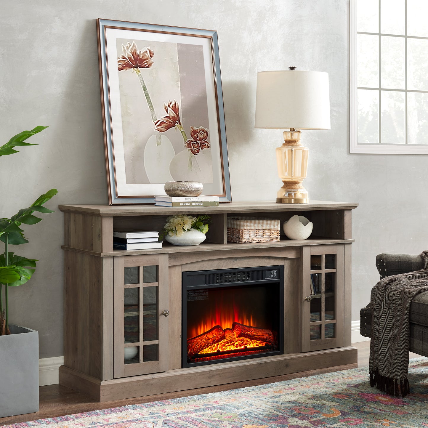 Classic TV Media Stand Modern Entertainment Console with 23" Fireplace Inset for TV Up