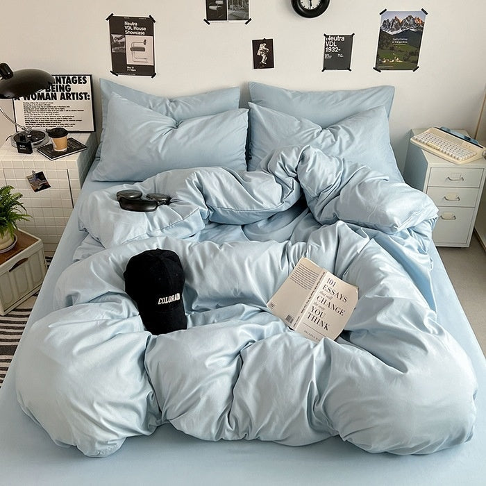 Washed Cotton Solid Color Double Spliced Four-Piece Bedding Set - Sheet, Quilt Cover, Pillowcases for Employee and Dormitory Use