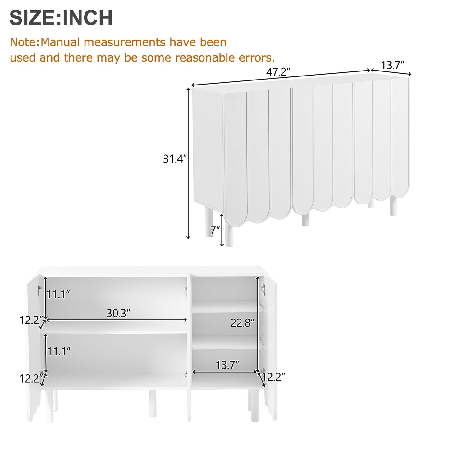 ON-TRANS Cream Style Shoe Cabinet with 5 Adjustable Solid Wood Legs, Large Storage Cabinet with Wave Doors, White
