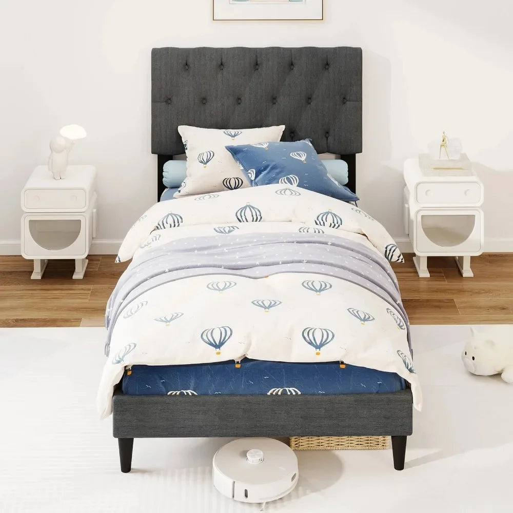 Twin Size Bed Frame with Button-Tufted Headboard & Wooden Slats Easy Assembly