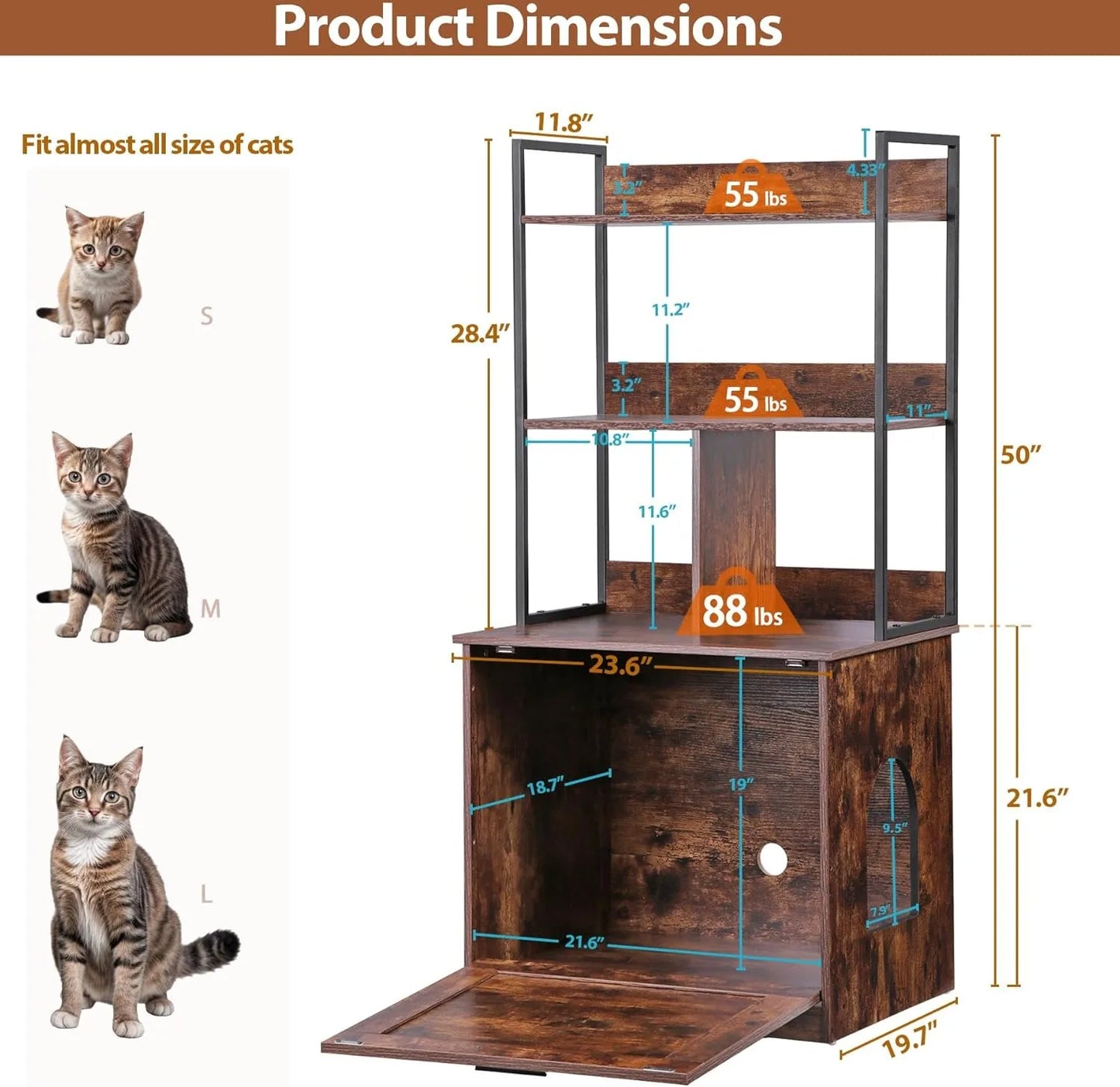 2-in-1 Cat Litter Box Enclosure with Storage Shelves, Hidden Cat Litter Box Enclosure Furniture with Entrance (Rustic Brown
