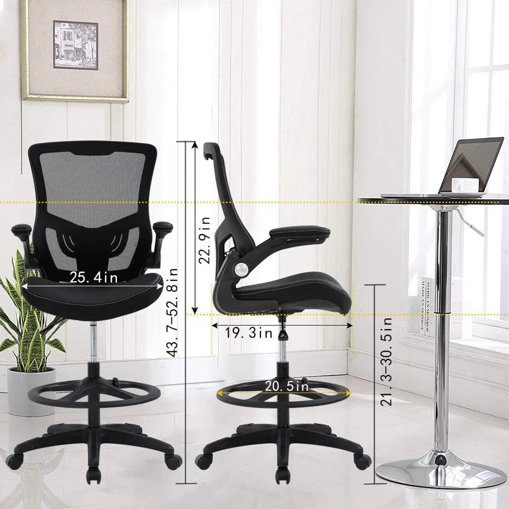 Drafting Chair Ergonomic Tall Office Chair Standing Desk Chair with Flip Up Arms Foot Rest Back Support Adjustable Height Mesh D