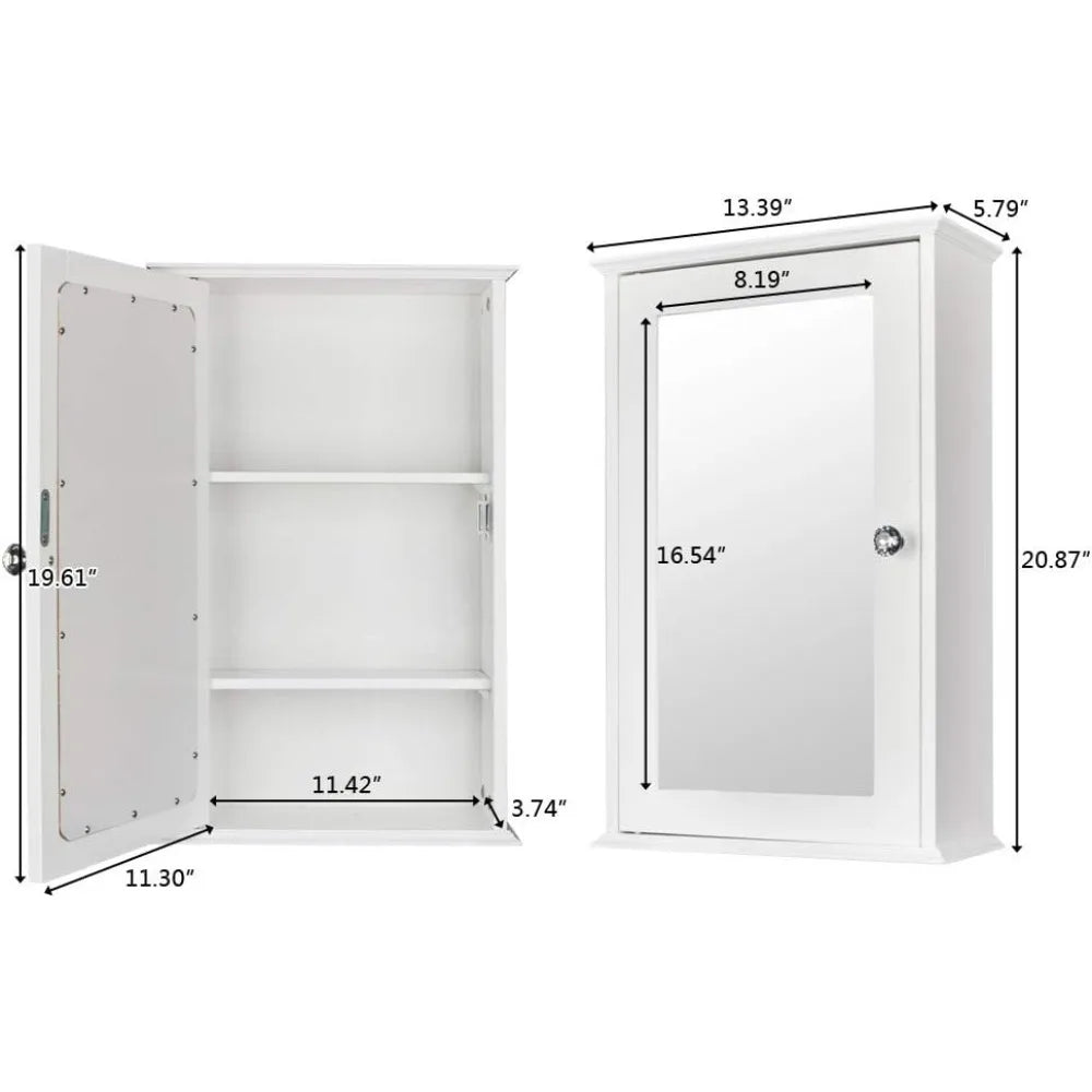 Wooden Medicine Cabinet White Wall Mounted Bathroom Cabinet with Single Mirror Door & Adjustable Shelves for Bathroom, Living Ro