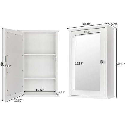 Wooden Medicine Cabinet White Wall Mounted Bathroom Cabinet with Single Mirror Door & Adjustable Shelves for Bathroom, Living Ro