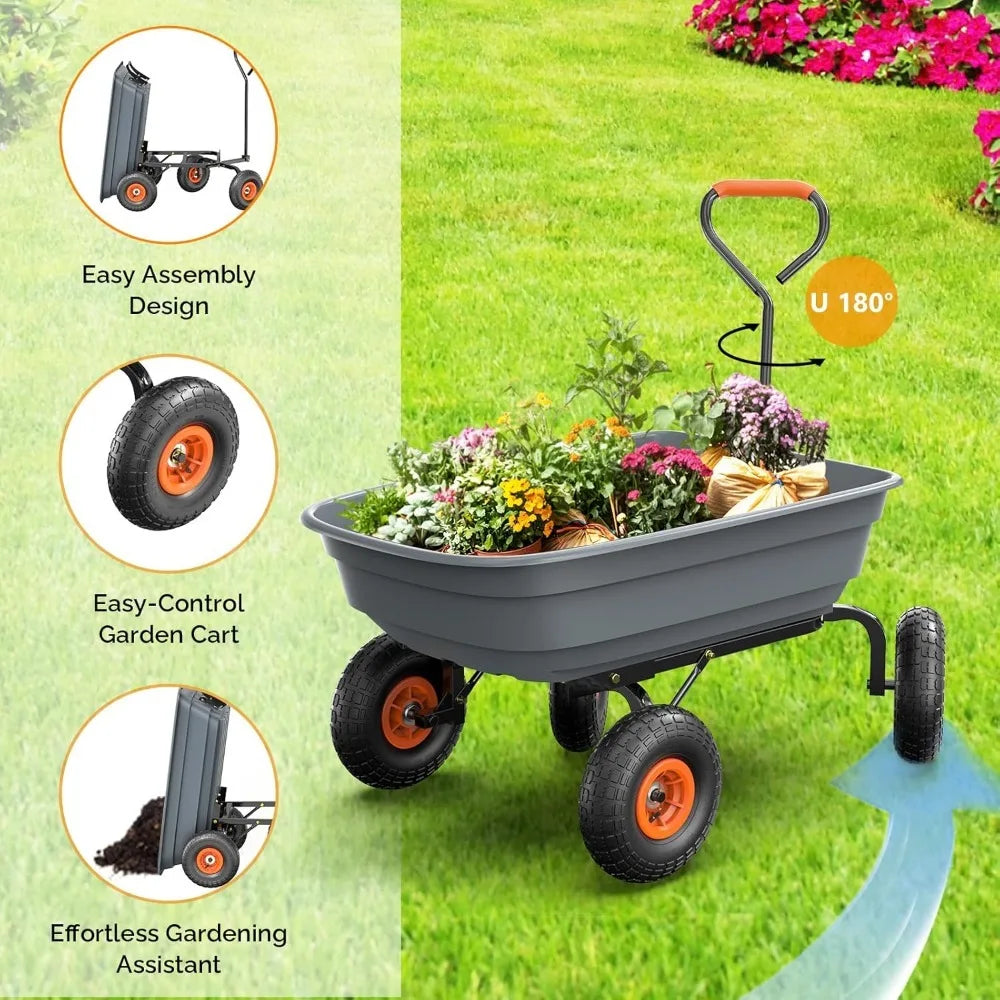 Dump Cart Wagon, 600LBS Quick-Release Dump Wheelbarrow, All-Terrain 10" Tires Garden Wagon for Yard, Lawn and Outdoor Use