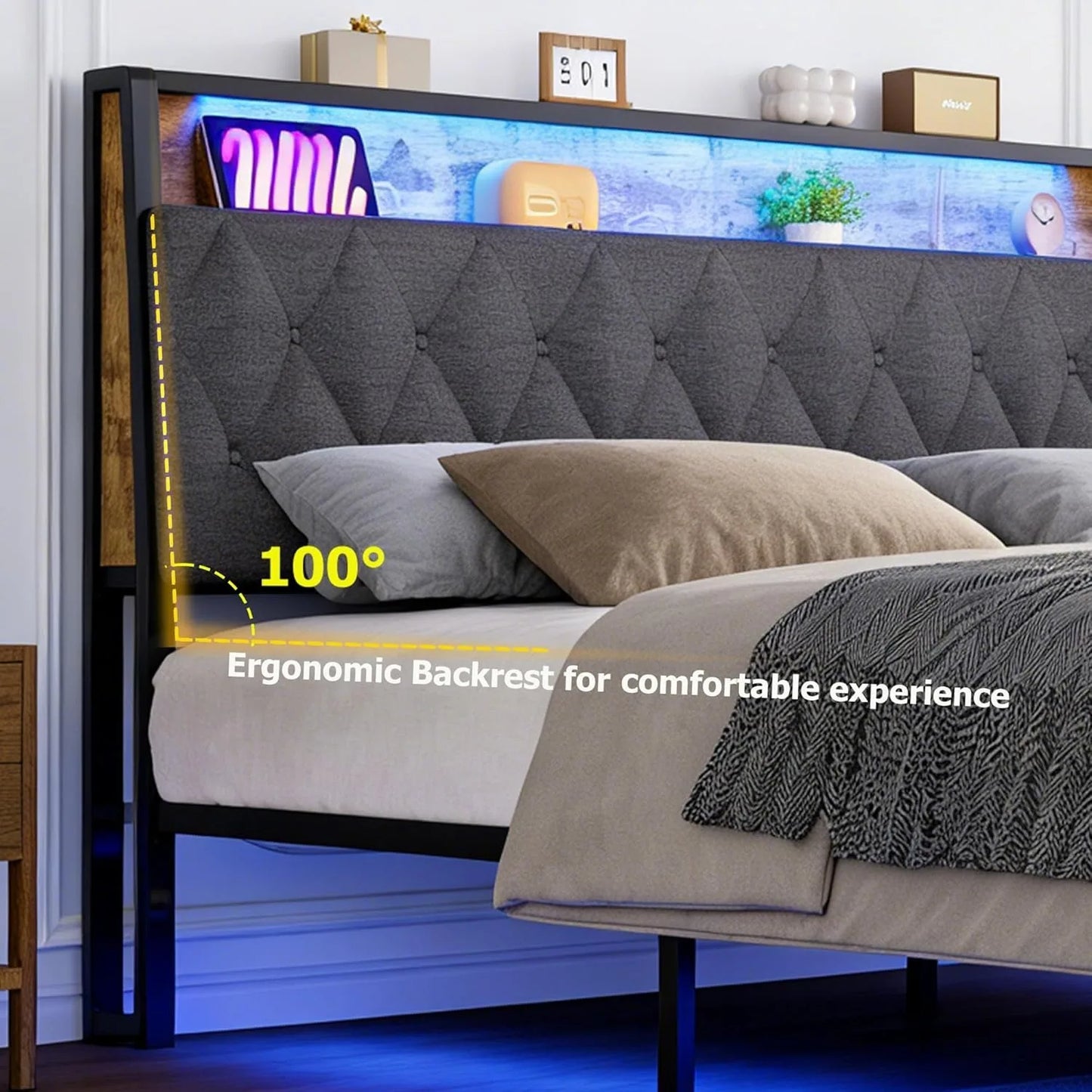 Queen Size Bed Frame with Storage Headboard and Charging Station, Upholstered Bed Frame Queen Size with LED Lights, Platform Bed