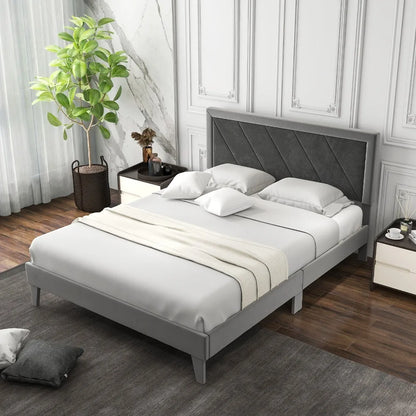 Queen Platform Bed Frame Velvet Upholstered w/ High Headboard & Wooden Slats