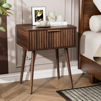 Night Stand with Charging Station & Led Light, 19" W Fluted Nightstand Round Edge, Wood Nightstand Mid Century Modern End Table,