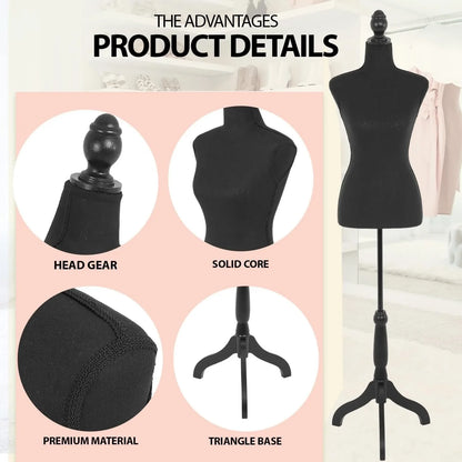 Mannequin Torso Female Manikin Body Dress Form Mannequin 59-67 Inch Lightweight Height Adjustable Wooden Tripod Stand High Densi