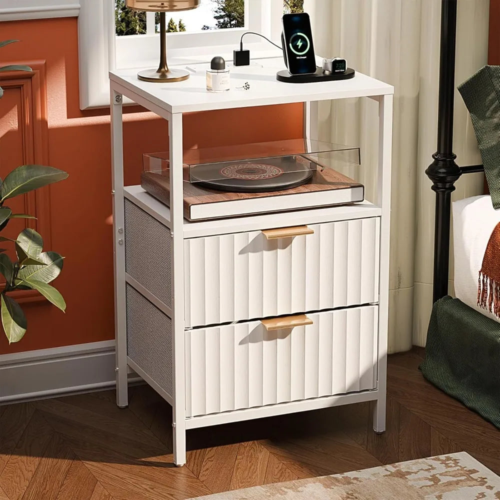 Night Stand with Charging Station & Led Light, 19" W Fluted Nightstand Round Edge, Wood Nightstand Mid Century Modern End Table,