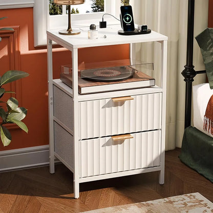 Black Nightstands Set of 2 with Fabric Drawers, Fluted Nightstands with Charging Station, Night Stand Set of 2, Small Bedside Ta