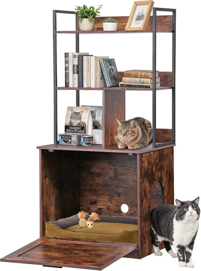 2-in-1 Cat Litter Box Enclosure with Storage Shelves, Hidden Cat Litter Box Enclosure Furniture with Entrance (Rustic Brown