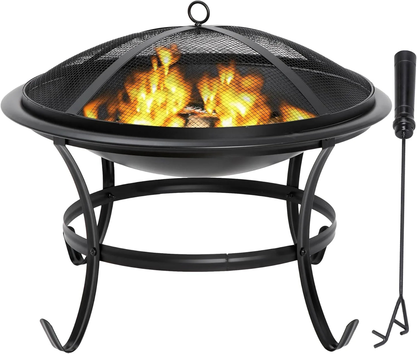 22Inches Fire Pit Outdoor Steel Wood Burning BBQ Grill Firepit Bowl Fireplace with Mesh Screen & Fire Poker, Log Grate