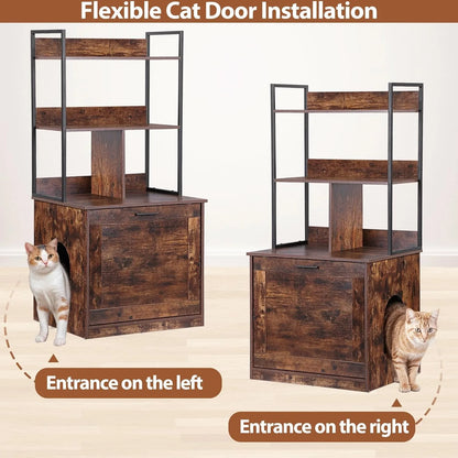 2-in-1 Cat Litter Box Enclosure with Storage Shelves, Hidden Cat Litter Box Enclosure Furniture with Entrance (Rustic Brown