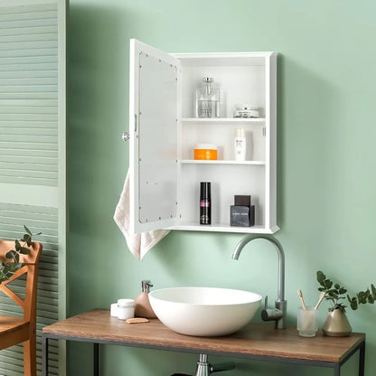 Wooden Medicine Cabinet White Wall Mounted Bathroom Cabinet with Single Mirror Door & Adjustable Shelves for Bathroom, Living Ro
