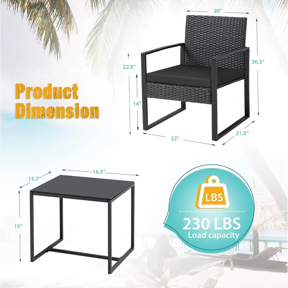 3 Pieces Outdoor Patio Wicker Furniture Set, Modern Rattan Chair Conversation Sets with Coffee Table for Yard and Bistro