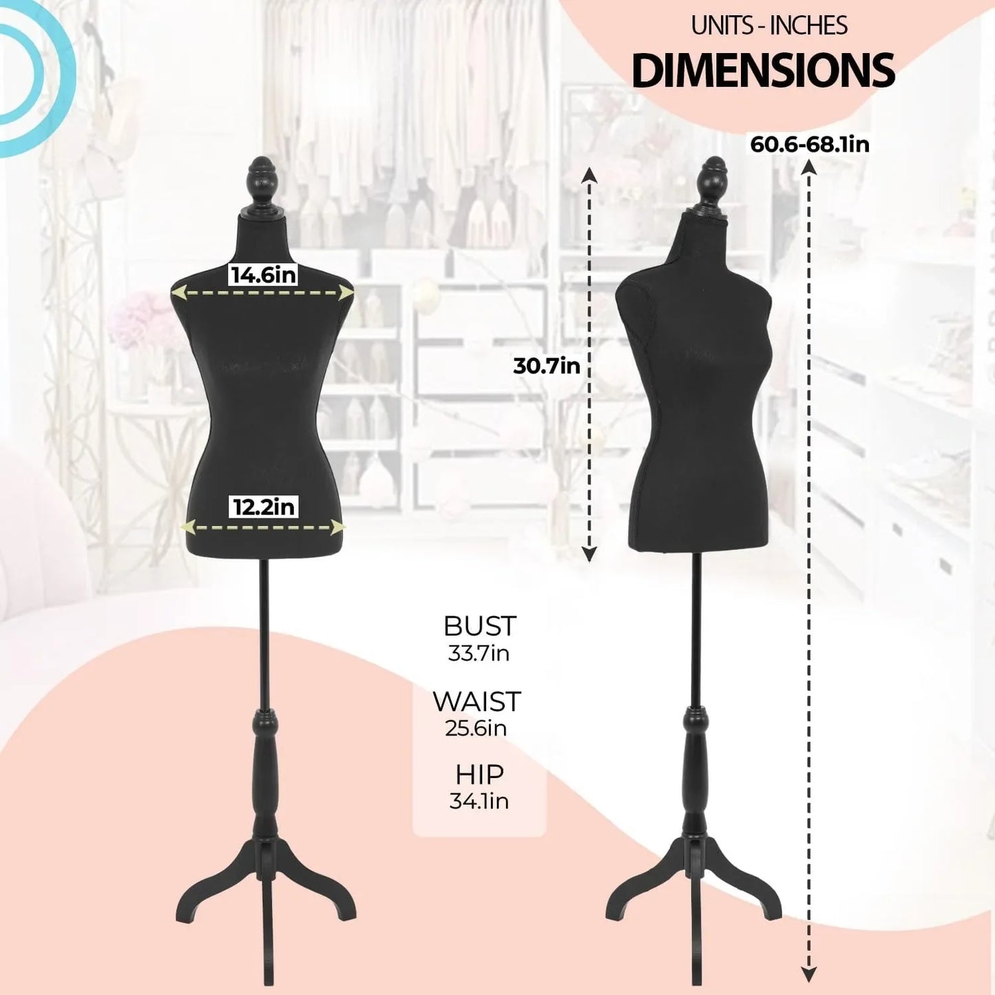 Mannequin Torso Female Manikin Body Dress Form Mannequin 59-67 Inch Lightweight Height Adjustable Wooden Tripod Stand High Densi