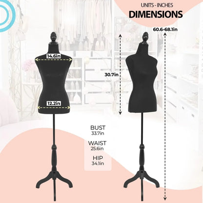 Mannequin Torso Female Manikin Body Dress Form Mannequin 59-67 Inch Lightweight Height Adjustable Wooden Tripod Stand High Densi