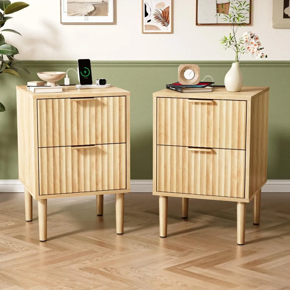 Night Stand with Charging Station & Led Light, 19" W Fluted Nightstand Round Edge, Wood Nightstand Mid Century Modern End Table,